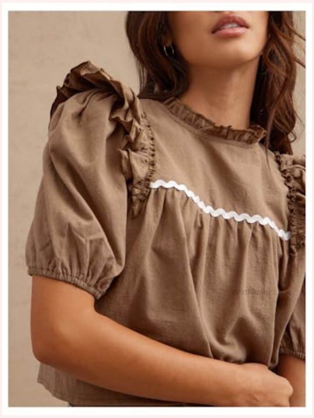 Puff Sleeve Crop Top Babydoll Mock Neck Ruffle Blouse Dressy Casual - Picture 3 of 5